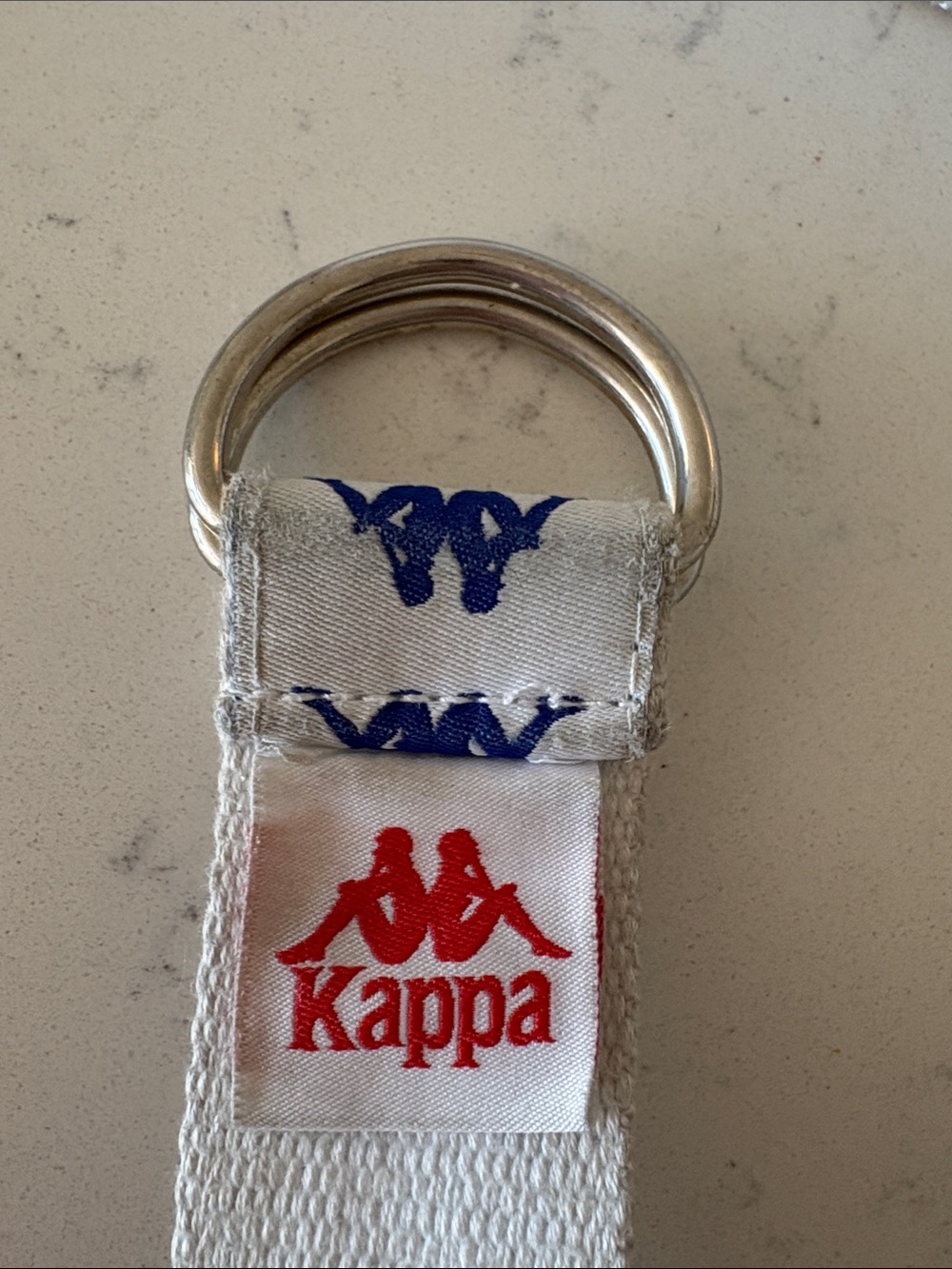 Kappa White Belt with Red Logo and Blue Prints